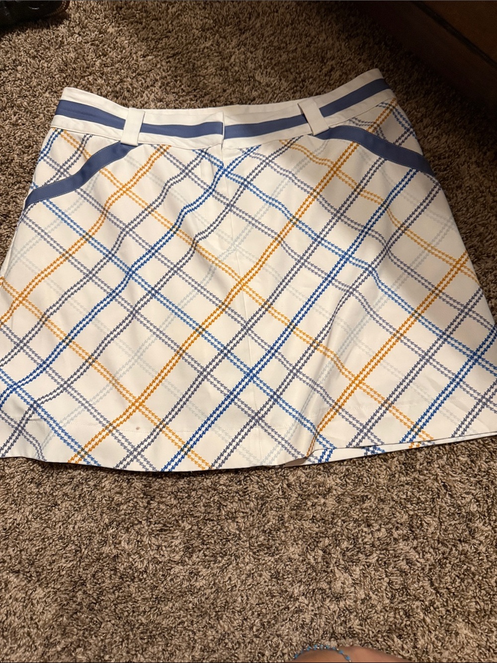 Women's Plaid A-Line Skirt in White with Blue & Gold Accents
